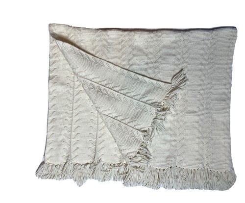 Vintage Handarbeit Quilt Off-White Elfenbein Grobstrick Fransen Überwurf Decke - Bild 5 von 7