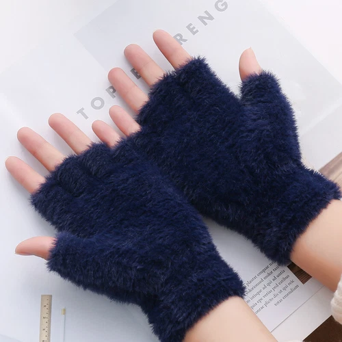 Womter Warm Half Finger Gloves,Fluffy Plush Fingerless Flip Gloves Flap Cover - Picture 17 of 29