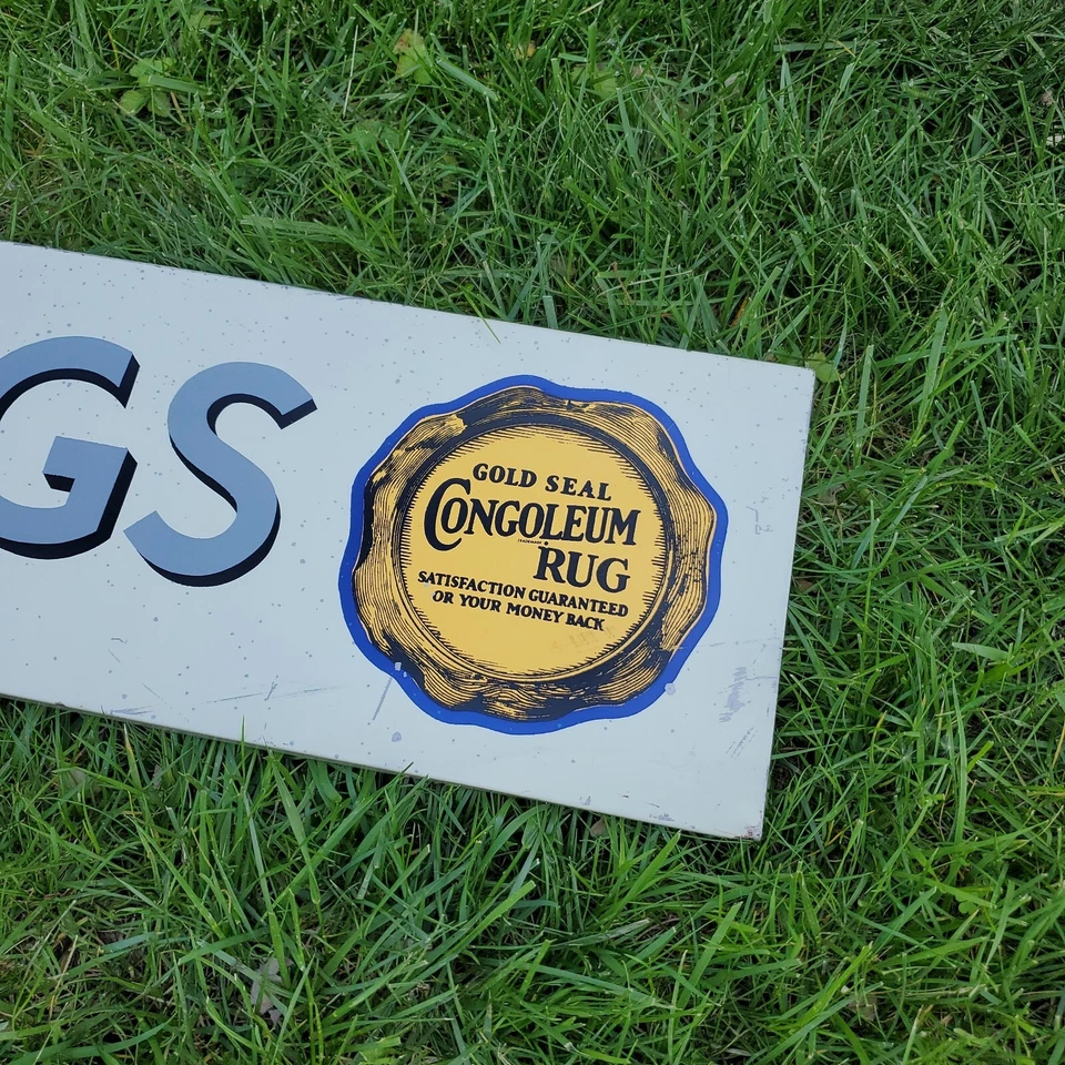 Letrero de alfombras de congoleo vintage originales de la década de 1950 metal sello dorado muebles Sears Gas Foto 2 de 4