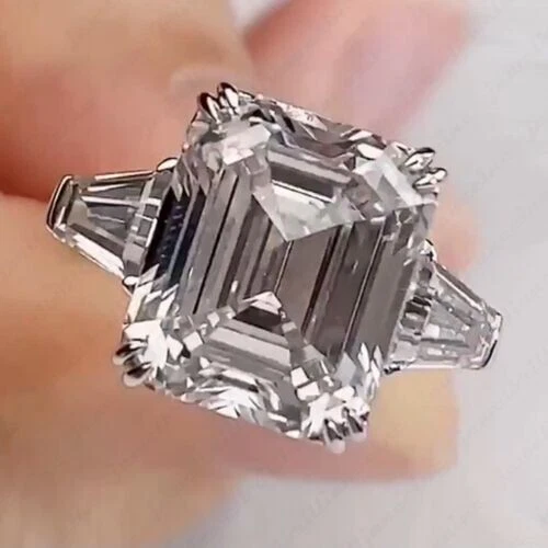 5.18Ctw Emerald Cut Moissanite Three Stone Engagement Ring 14K White Gold Plated - Image 3 of 4