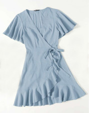 SHEIN Butterfly Sleeve Ruffle Hem Wrap Tie Belted Dress Blue Size Size  4