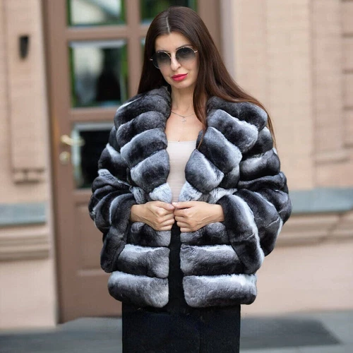Eleganter Echt Rex Kaninchen Pelzmantel Damen Warm Chinchilla Outwear Dicke Neue - Bild 2 von 6