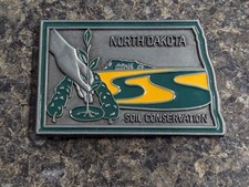 Vintage North Dakota Soil Conservation Belt Buckle Silver Green Yellow NDSU