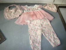 NWOT NICOLE MILLER FOUR (4) PIECE LITTLE LOVE DRESS HAT BIB & PANTS SZ 0/3 MOS 