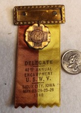 VTG SPANISH AMERICAN WAR VETERANS MEDAL  RIBBON 42ND ANNUAL ENCAMPMENT IA 1948