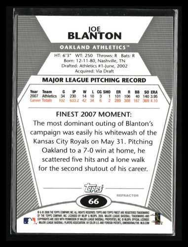2008 Topps Finest #66 Joe Blanton Refractors - Oakland A's - Picture 2 of 2