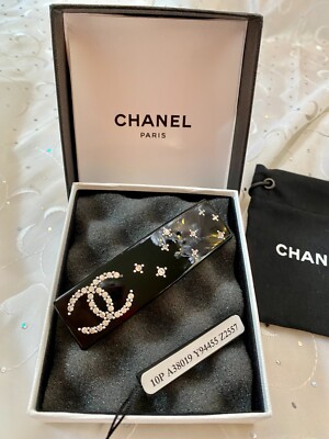 Authentic Chanel Black CC Logo Crystal Embellished Hair Clip Barrett Gold Plated