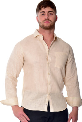 Bohio Mens 100% Linen Long Sleeve Button Down Shirt in Beige  (S~3X) MLS2043