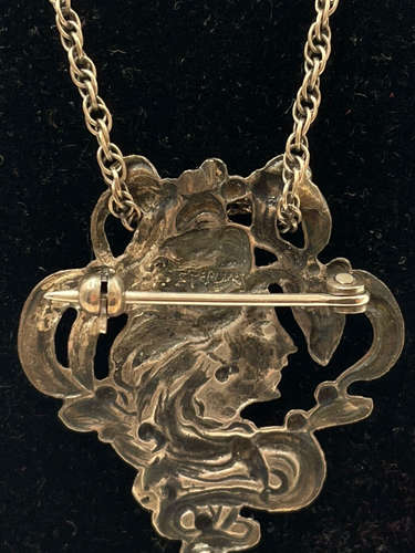 ANTIQUE ART NOUVEAU NECKLACE BROOCH PENDANT STERLING SILVER MAIDEN FLOATING HAIR - Picture 7 of 8