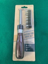 New Menards Ratcheting Drive Set Wooden Handled 4 Sockets 2 Bits Socket Adapter 