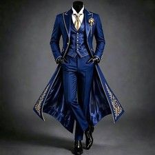 Luxury Royal Blue Men Suits 3 Pcs Gold Embroidery Long Tail Jacquard Vest Pants