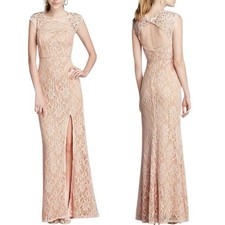 All Over Lace Prom Dress 13 Blush Pink Nude Embellished Slit Back Cutout Gown