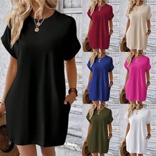 Womens Short Sleeve Mini Dress Summer Casual Plain Loose Pockets T Shirt Dresses