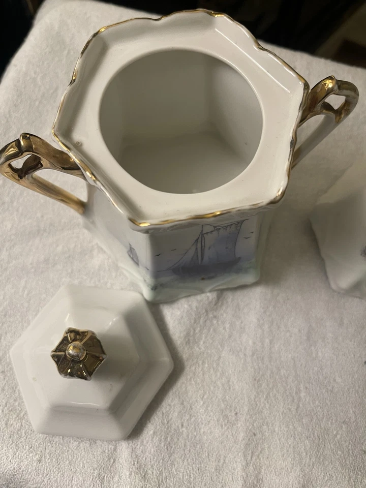 Crema y azucarero de colección bellamente pintado a mano motivo de velero azul alemán Foto 2 de 4