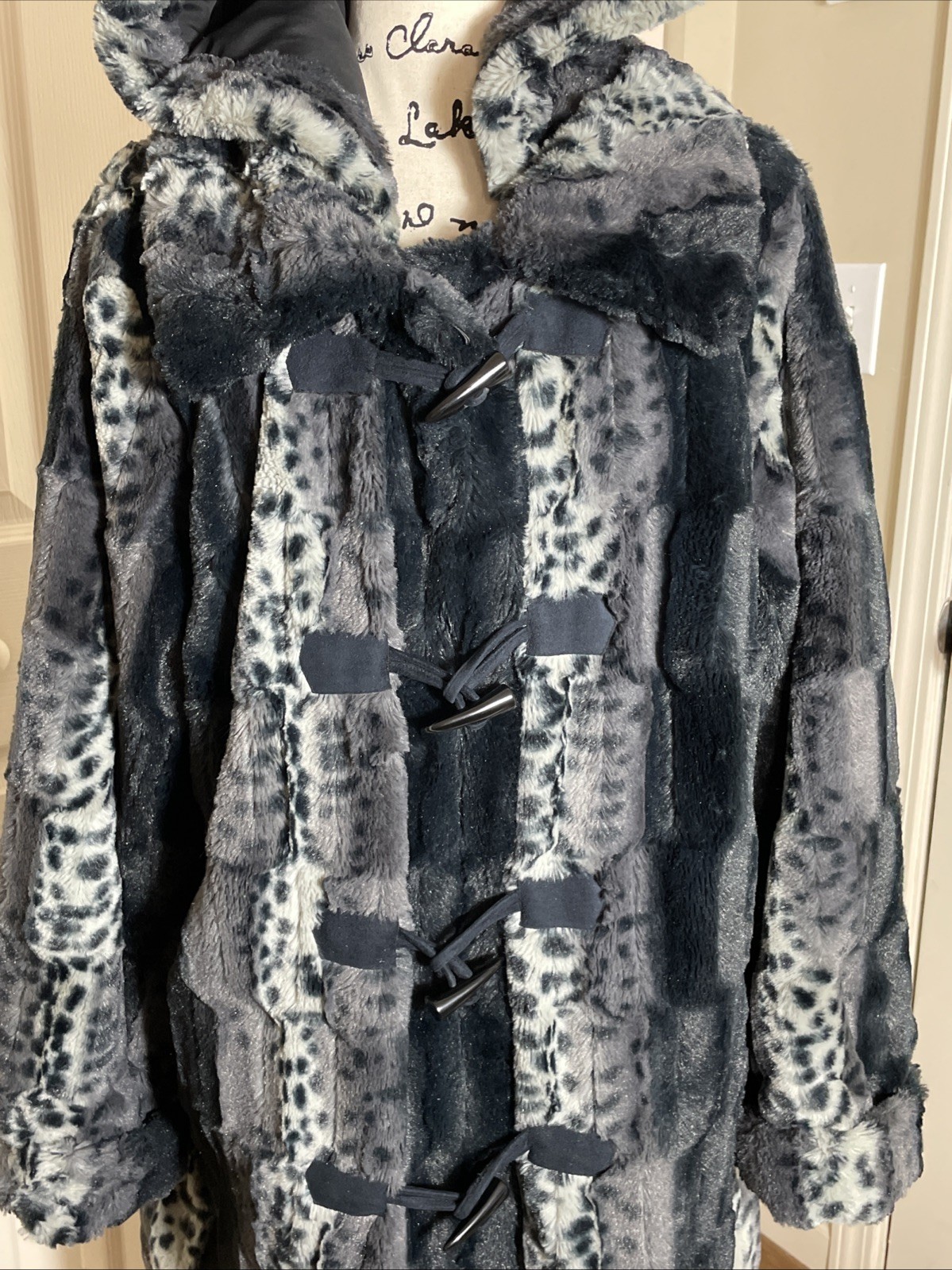 Dennis Basso Reversible Faux Fur Toggle Coat A228866 Black/Gray Detachable Hood