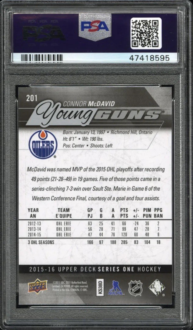 2015-16 Upper Deck - Young Guns Connor McDavid #201 (RC) PSA 10 view 2