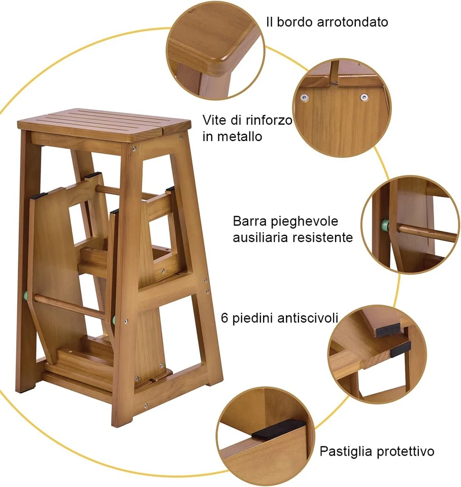 Sgabello Scaletta in Legno Sedia Scala Richiudibile a 3 Gradini per Casa Negozio - Immagine 4 di 4