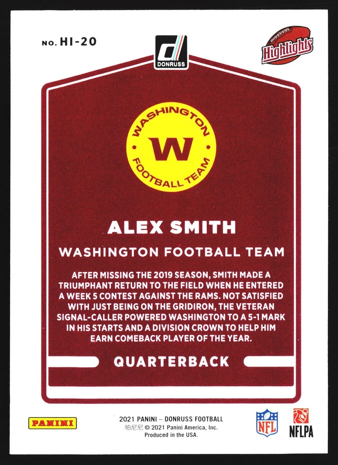 Alex Smith 2021 Donruss Highlights Washington Football Team NFL Card No.HI-20 - Image 2 of 2