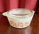 Vintage Pyrex White w/Pink Gooseberry 1 1/2 Pint Casserole Dish #472 & Lid #470C
