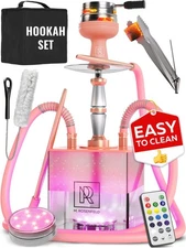 Rose Gold Hookah Set with Everything – Hookah Set 2 Hose with LED Base, Easy Set