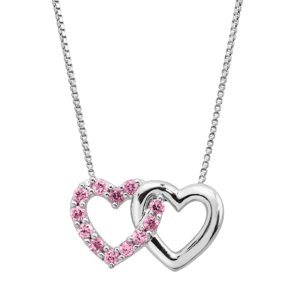 Colgante de corazones articulados de zafiro rosa creado por Finecraft en plata de ley, 18"