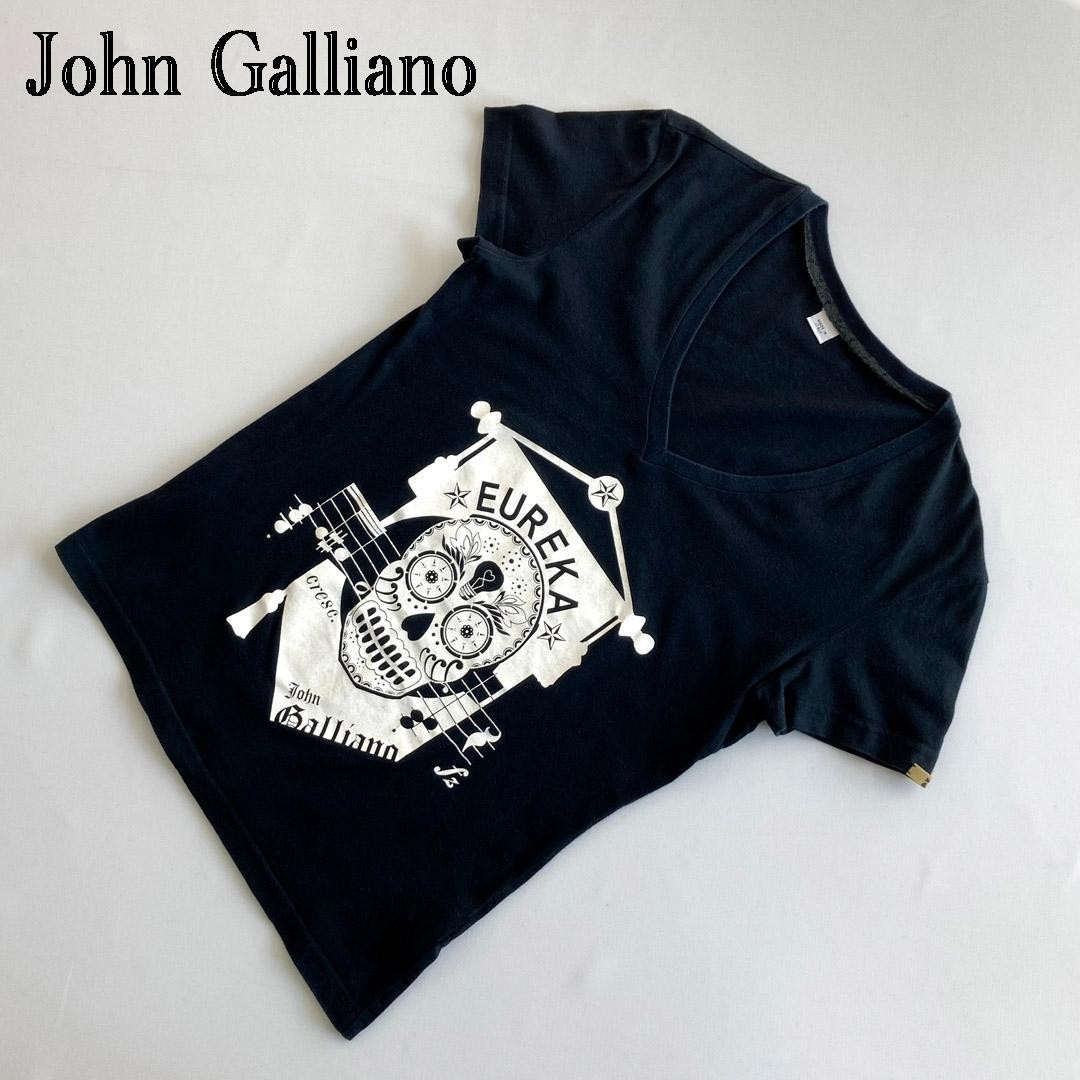 JOHN GALLIANO Eureka Skull Print V-Neck Black T-Shirt Size M