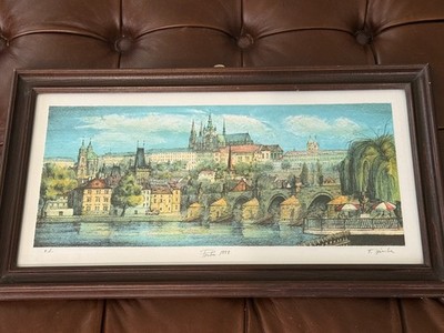 Vintage Praha 1998 Signed E.A. Framed Prague Cityscape Print by F. Jamba