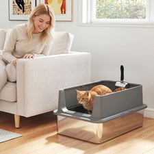 PawHut XL Stainless Steel Cat Litter Box High Sided Include Scoop  Pad