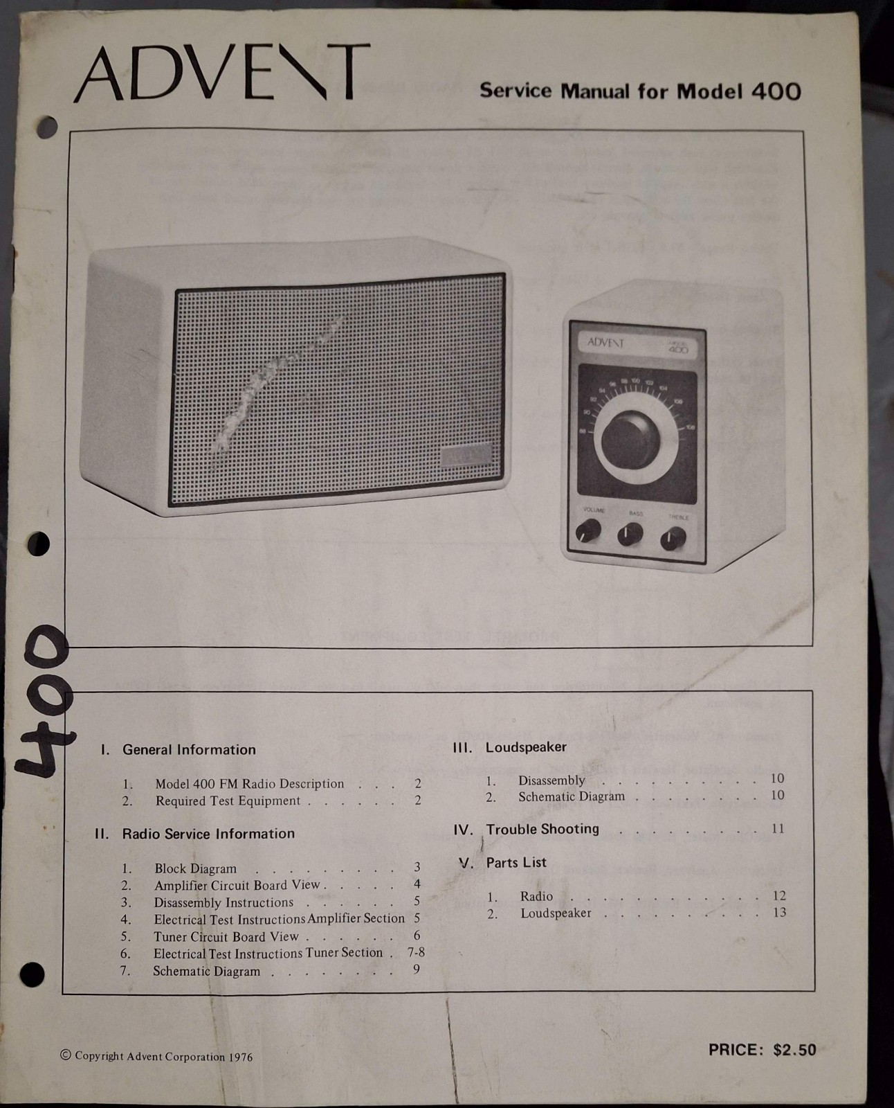 ADVENT Model 400 FM Radio & Loudspeaker Service Manual Photocopy
