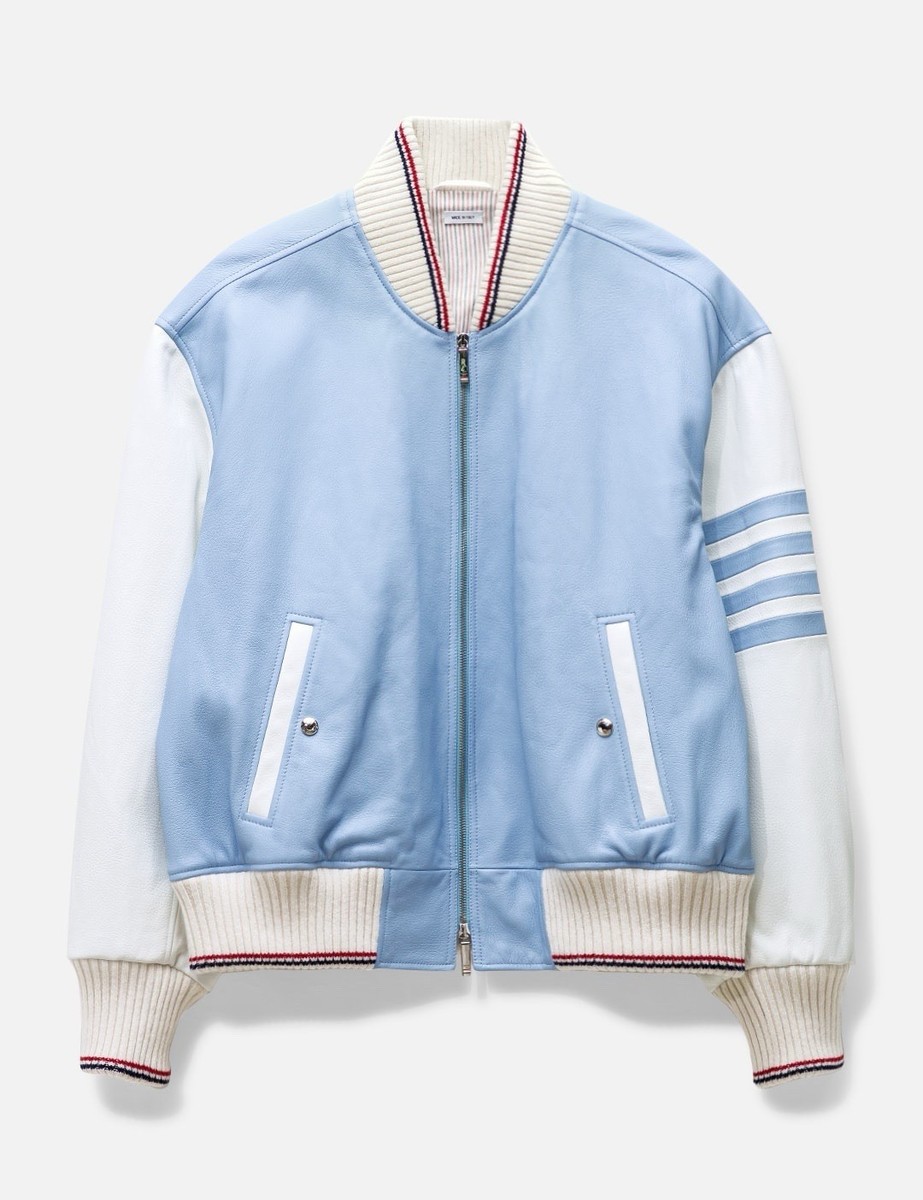 NWT $4500 Thom Browne Blue & White 4-bar Leather Varsity Jacket