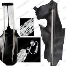 CLIP ON crazy SUPER LONG chains 13" EARRINGS metal SILVER TONE slinky fashion