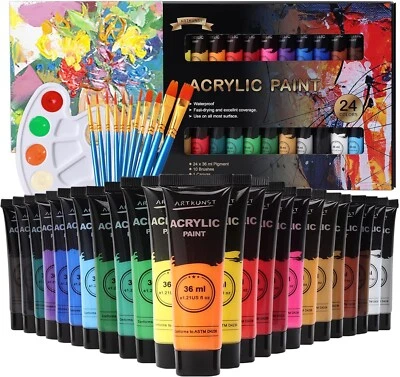 BRANDED ARTKUNST Acrylfarben Set, 24 x 36 ML Acrylfarbenset mit 10 Pinseln für Leinwand