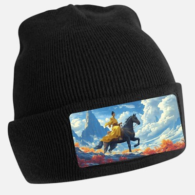Buddha Riding Horse Print Black Beanie Hat Unisex Cotton