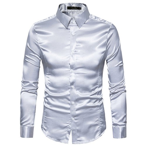 Men Satin Silk Shirt Casual Slim Wedding Party Dress Long Sleeve ButtonDown To ☊ - Picture 6 of 22