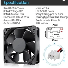 Wathai AC 12038 120mm x 38mm 110V 120V Dual Ball Cooling Axial Fan High Airflow