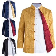 Reversible Traditional Chinese Clothes Men Tang Suit Top Silk Print Jacket Coat