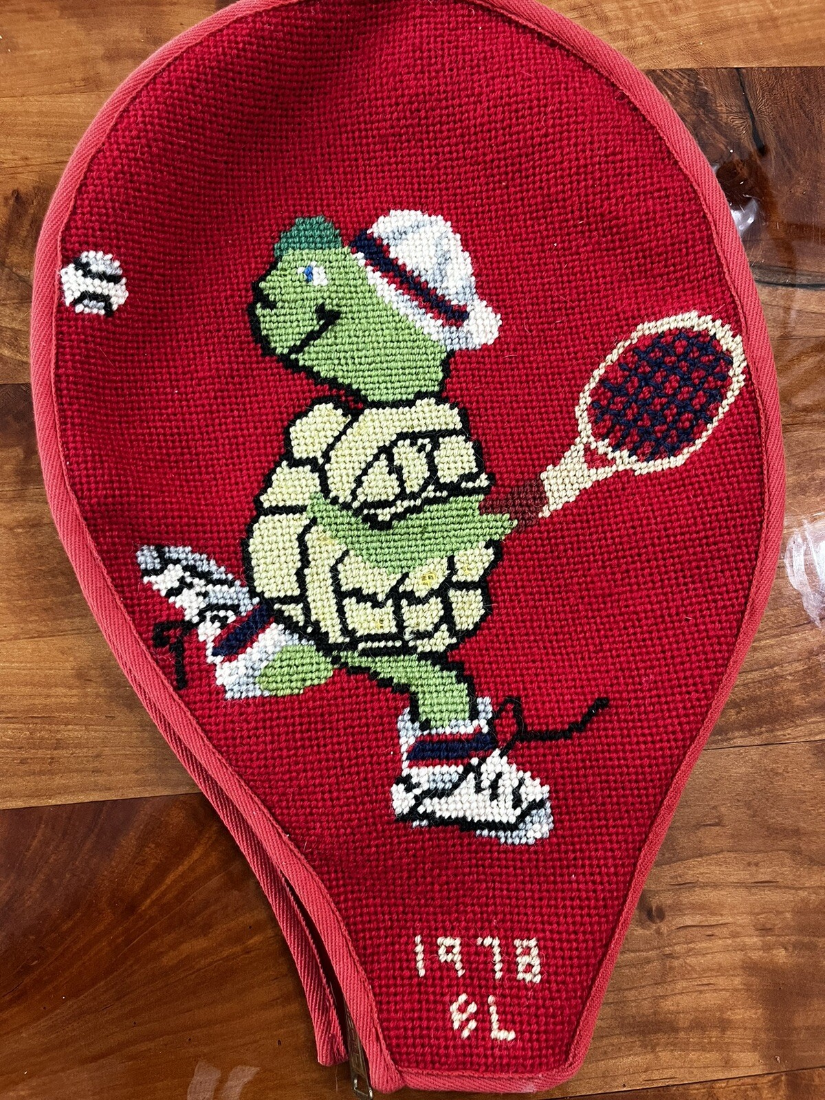 Vintage Hand Embroidered Needlepoint Tennis Racquet Cover Daisy Floral