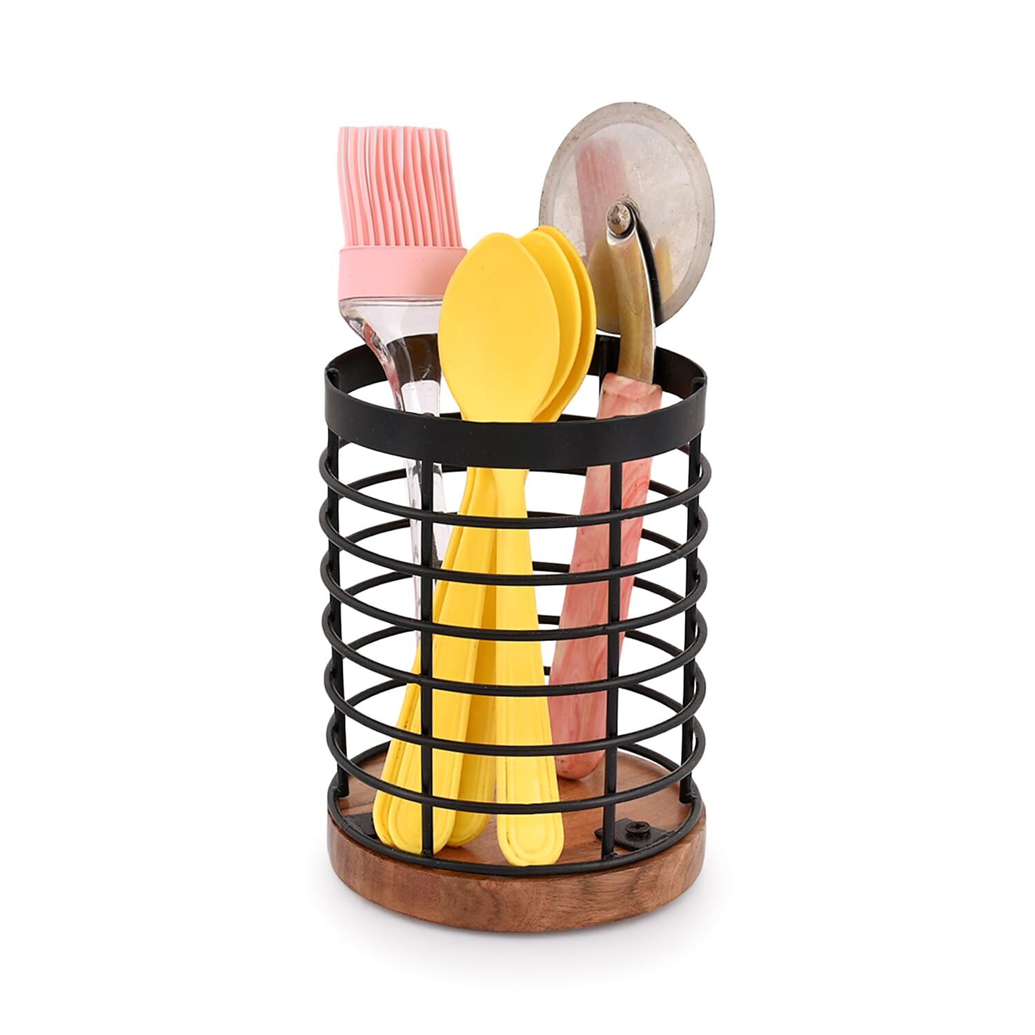 Black Iron Kitchen Utensil Holder With Acacia Wooden Base Round Flatware Storage