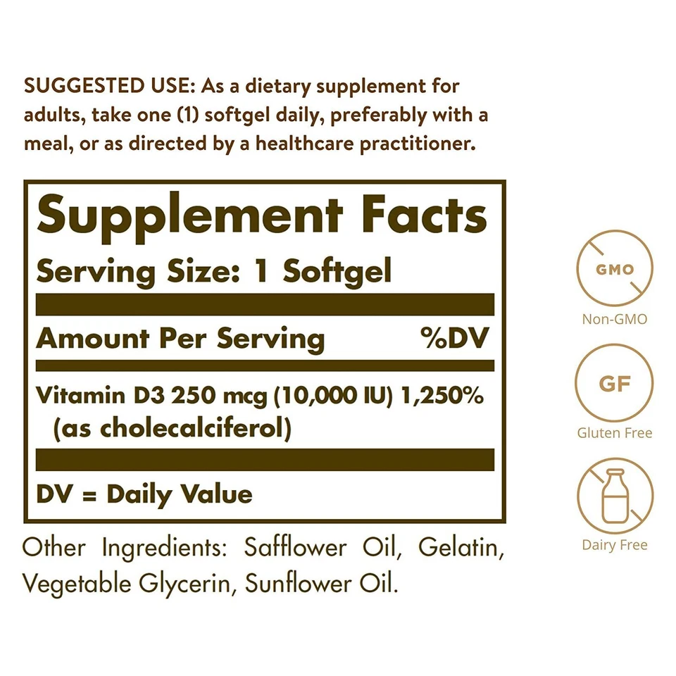 Solgar Vitamin D3 Cholecalciferol 250 mcg 10000 IU 120 Softgels - Image 2 of 4