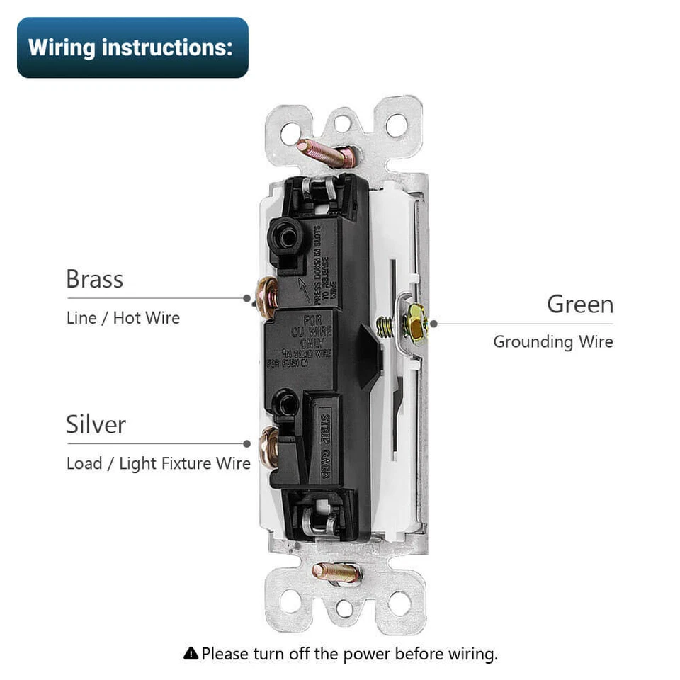 Pacote com 10 Interruptores de Luz Decora Rocker Single-Pole Parede 15Amp Auto-Aterramento UL Branco - Imagem 4 de 4