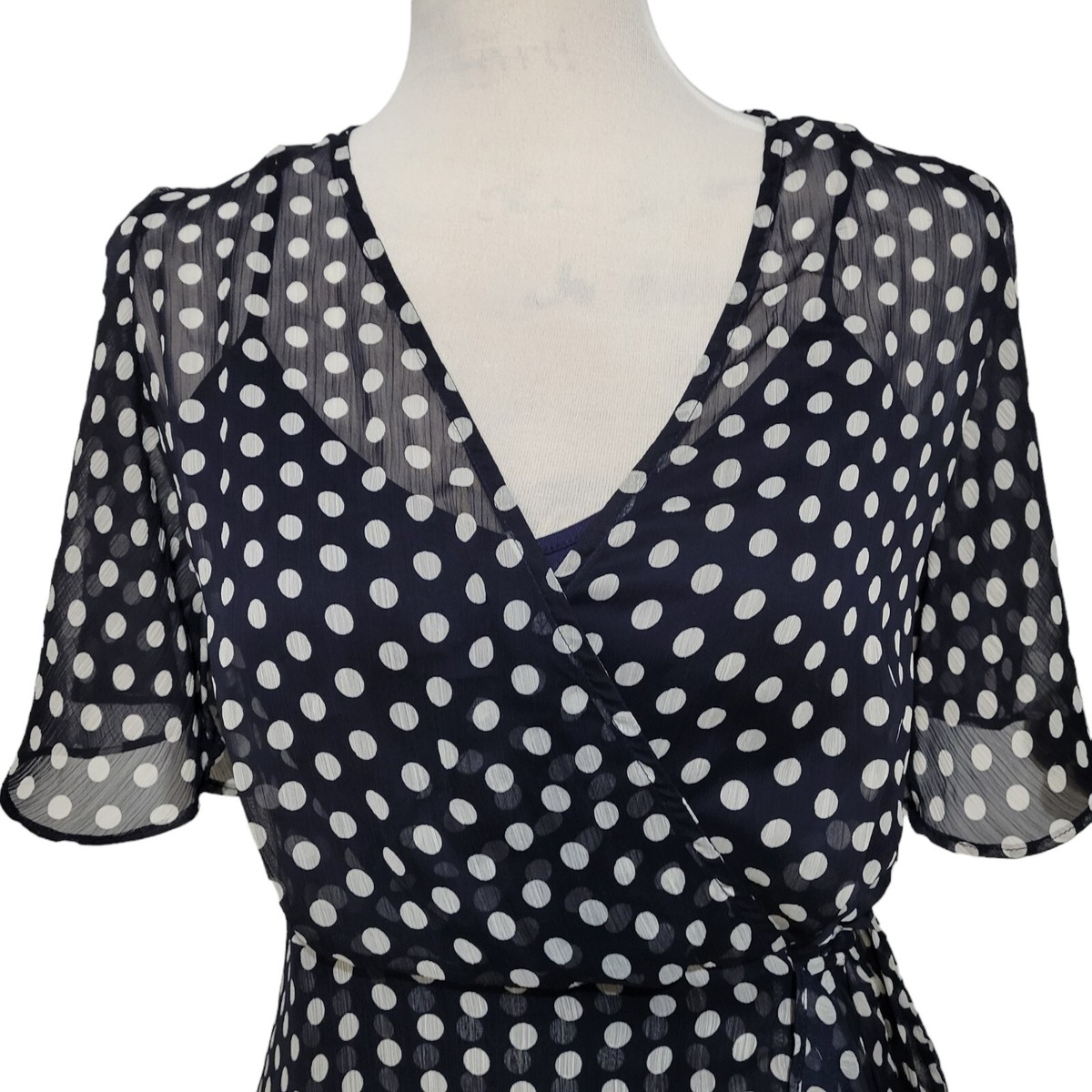 CALVIN KLEIN Blue Polka Dot Maxi Dress Asymmetrical Wrap Sheer Womens Size  6 | eBay