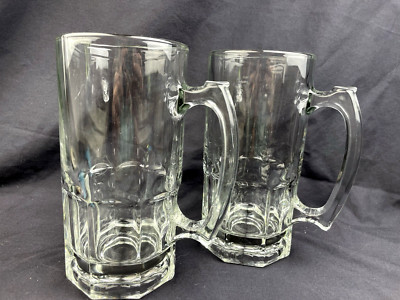 Vintage Pair Libbey X-Large Giant Beer Mug Clear Heavy Glass 32 oz. 8  Tall XL