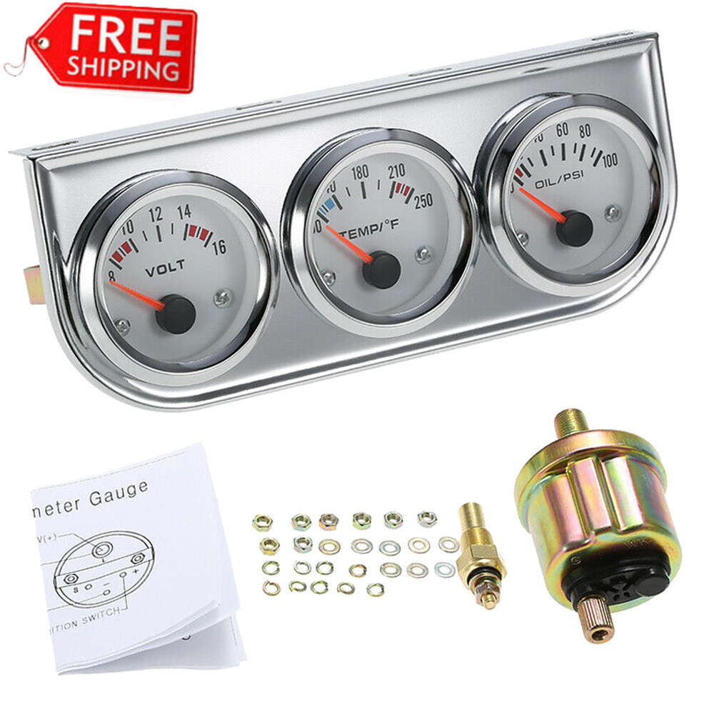 Triple Gauge Set - 2" Chrome Water Temp, Oil Pressure & Volt Meter - Universal Fit For Cars & Trucks