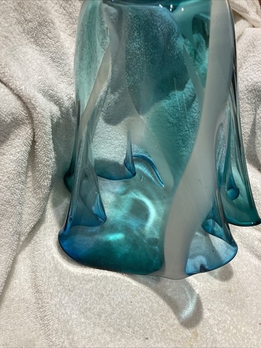 Royal Gallery Poland Teal Vase Handkerchief Ruffle Hand Blown Glass Lg Vase 12" - Picture 14 of 24
