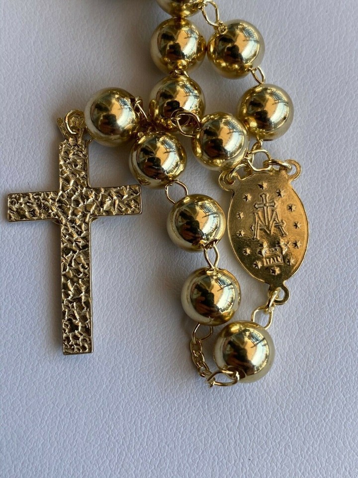 14k Gold Plated Solid 925 Silver Men's Rosary Beads Necklace Rosario ...