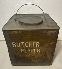 Antique Primitive Oversized Spices Tin Butcher Pepper Large Gold Tone Metal Tin