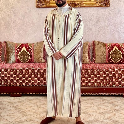 African Ethnic Style Mens Long Shirt Casual Beige Muslim Robe Loose Dress Cotton