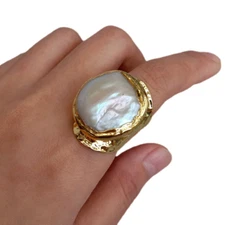 Cultured White Baroque Pearl Gold Plated Finger Ring Adjustable Rings For Women