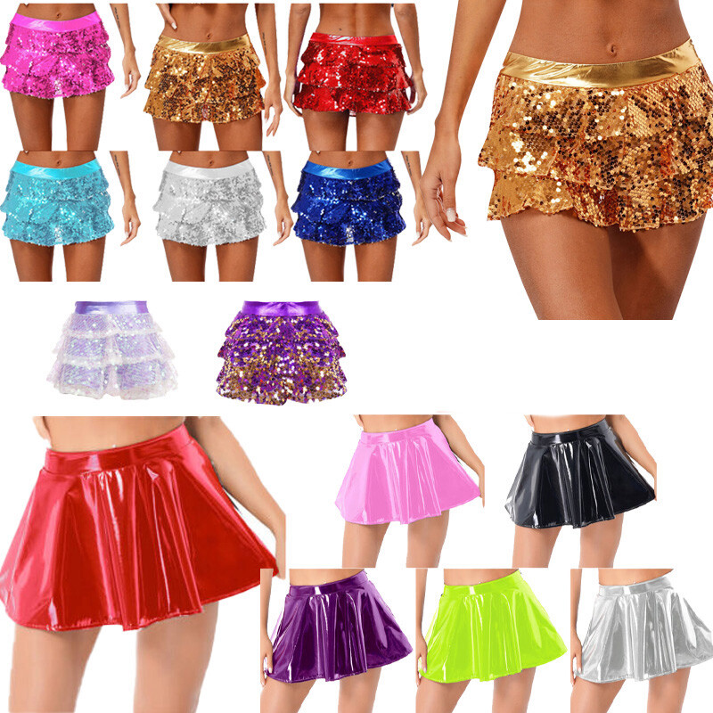 Women Sparkly Sequin Tiered Ruffle Shorts Elastic Waistband Skirt