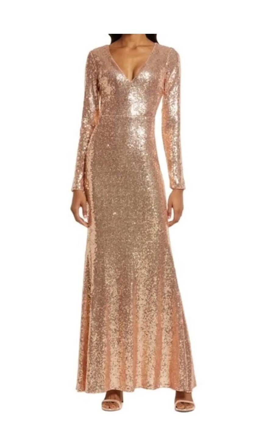 Lulus Capture The Moon Sequin Long Sleeve Maxi Dress Rose Gold Women's Medium eBay